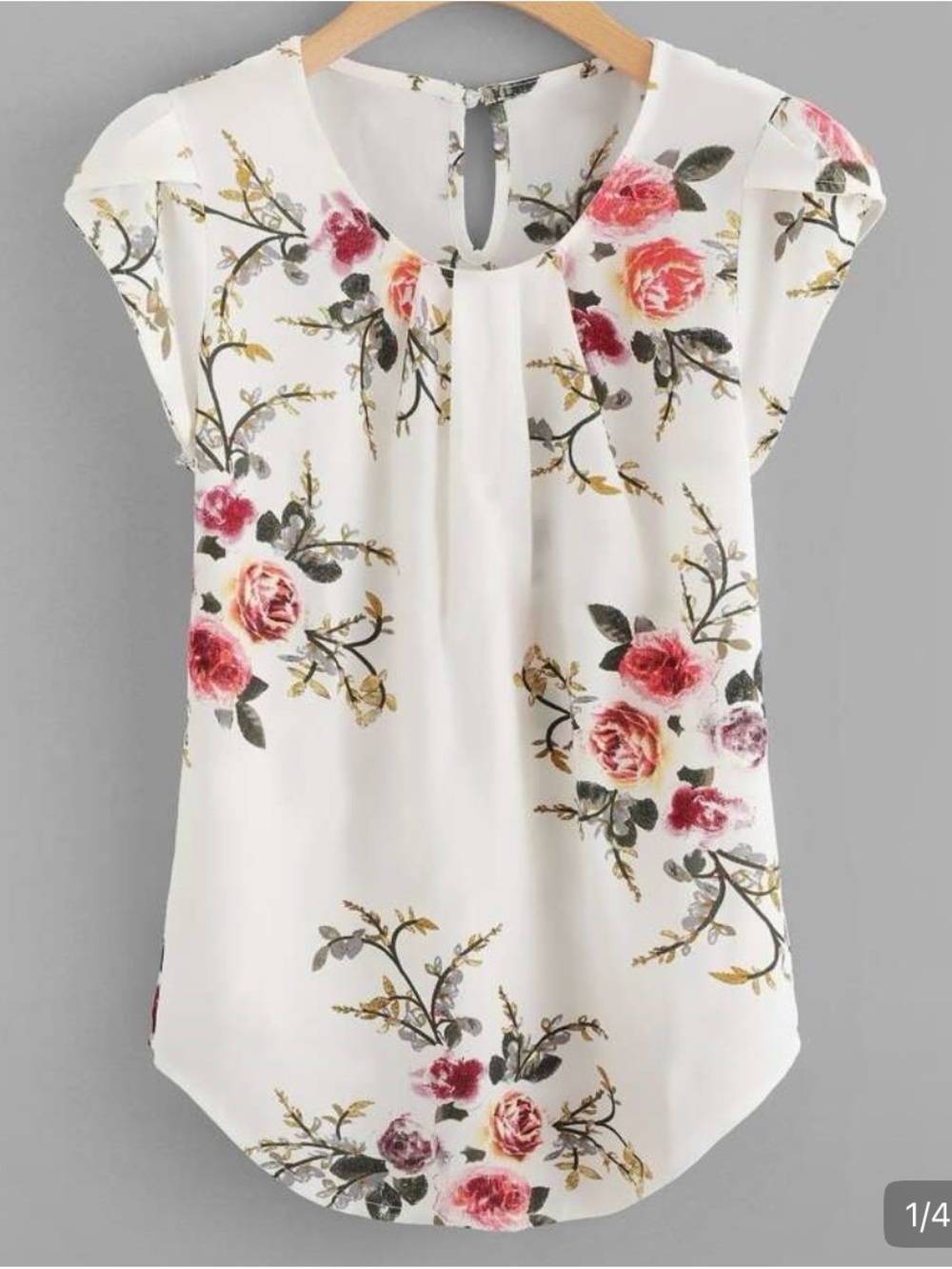 White Floral Pleated Cap Sleeve Blouse - Pink Rose Print